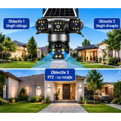 Camera de Supraveghere JE 195 Solara 4G cu 3 Obiective 3 Ecrane PTZ 355 de 12MP WiFi SIM Audio Bidirectional si Vedere Nocturna