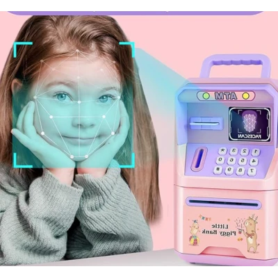 Pusculita Electronica pentru Copii Tip ATM cu sanare faciala parola si depozitare Bani colorata