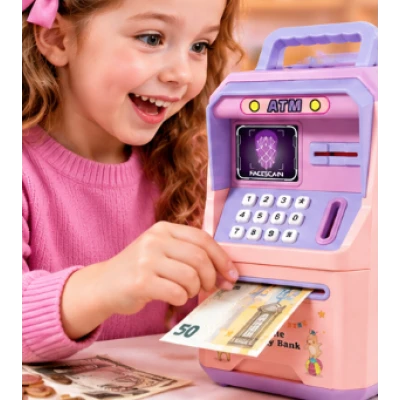 Pusculita Electronica pentru Copii Tip ATM cu sanare faciala parola si depozitare Bani colorata