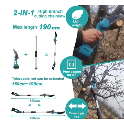 Foarfeca Electrica de Tuns Crengi 2 in 1 cu Mini Drujba si Tija Telescopica cu 2 Acumulatori HUS746 2 
