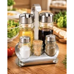 Set Oliviera 5 Piese pentru scobitori Condimente Ulei si Otet cu Capace din Inox si Suport