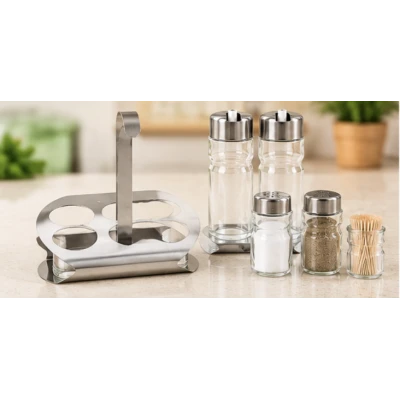 Set Oliviera 5 Piese pentru scobitori Condimente Ulei si Otet cu Capace din Inox si Suport