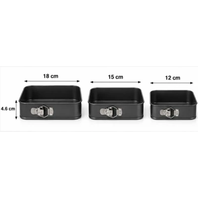 Set 3 Forme Patrate pentru Tort cu Fund Detasabil 12 / 15 / 18 cm