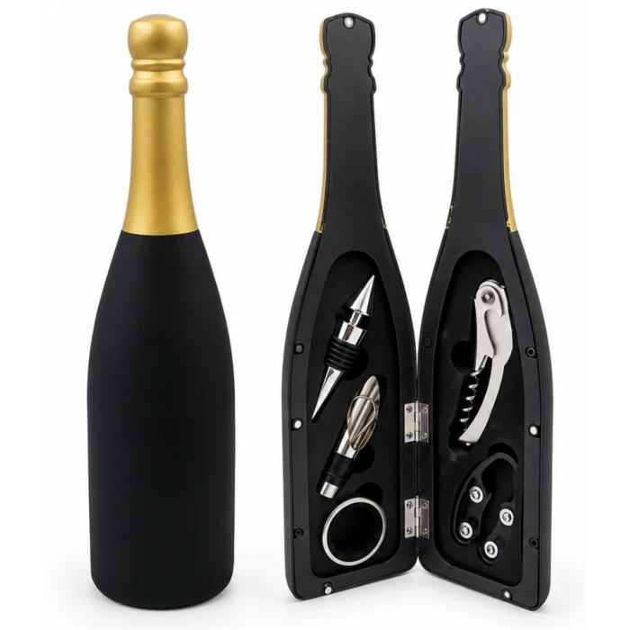 Set de accesorii pentru vin, în cutie tip sticlă de șampanie – prezentare