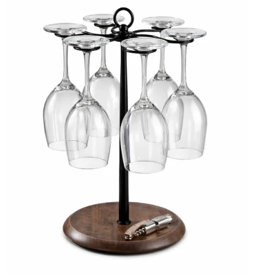 Suport pentru 6 Pahare de Vin din Metal cu Baza din Lemn inaltime 35 cm