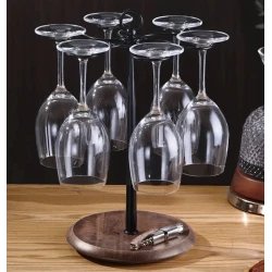 Suport pentru 6 Pahare de Vin din Metal cu Baza din Lemn inaltime 35 cm