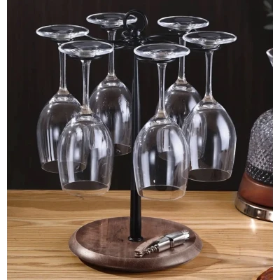 Suport pentru 6 Pahare de Vin din Metal cu Baza din Lemn inaltime 35 cm