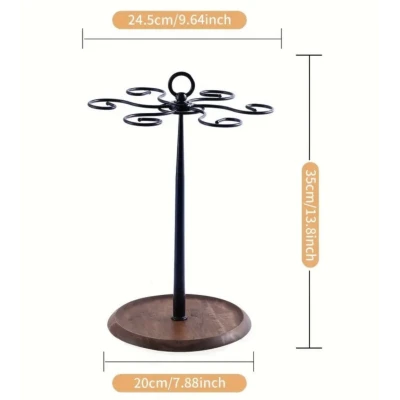 Suport pentru 6 Pahare de Vin din Metal cu Baza din Lemn inaltime 35 cm