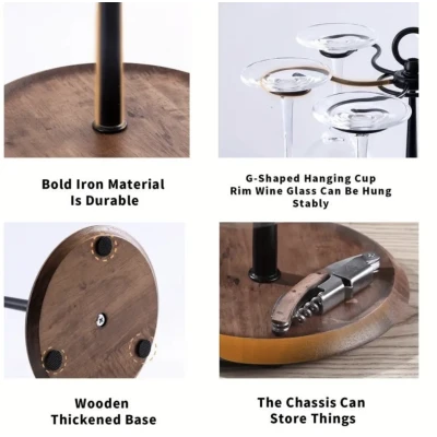 Suport pentru 6 Pahare de Vin din Metal cu Baza din Lemn inaltime 35 cm