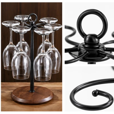 Suport pentru 6 Pahare de Vin din Metal cu Baza din Lemn inaltime 35 cm