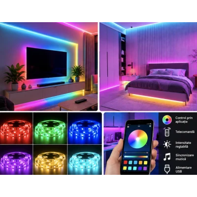 Instalatie LED RGB 10 Metri Multicolora Control prin Aplicatie si Telecomanda