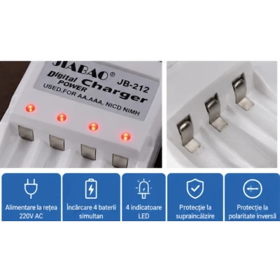 Incarcator Baterii JIABAO JB 212 pentru AA/AAA Ni MH si Ni Cd cu 4 Acumulatori AAA R03