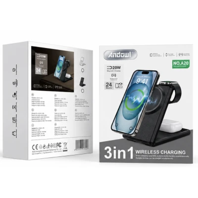 Incarcator Wireless 3 in 1 Andowl A20 de 20W Statie de incarcare pentru Telefon Smartwatch si Casti