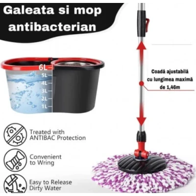 UB Set Mop Rotativ Cuva din Inox 4 Rezerve Diferite + Perie Rosturi Covoare Incluse