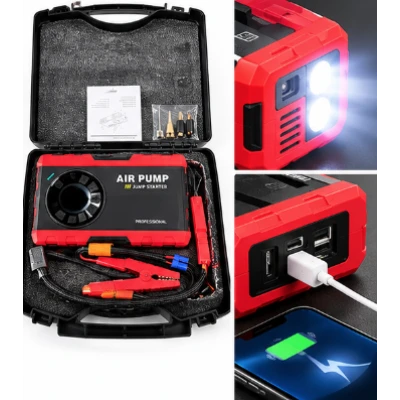 Compresor auto portabil 12V cu functie de pornire de urgenta afisaj digital lanterna LED