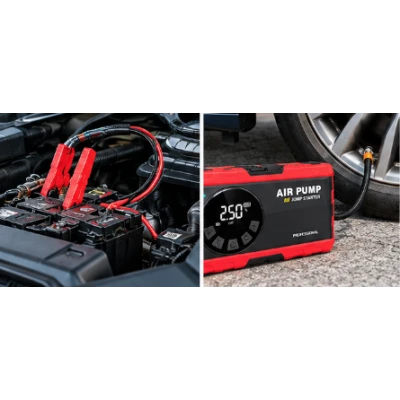 Compresor auto portabil 12V cu functie de pornire de urgenta afisaj digital lanterna LED