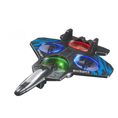 Avion de jucarie cu 4 elice lumini LED multicolore telecomanda 2.4 GHz si acumulator reincarcabil USB