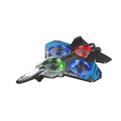 Avion de jucarie cu 4 elice lumini LED multicolore telecomanda 2.4 GHz si acumulator reincarcabil USB