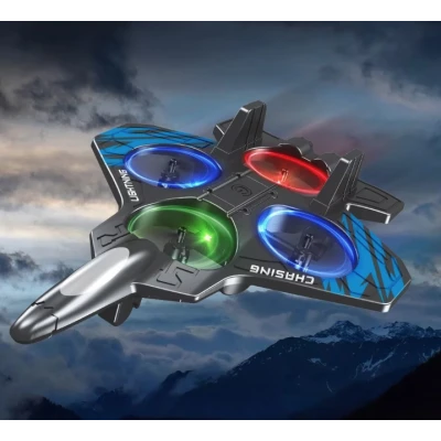 Avion de jucarie cu 4 elice lumini LED multicolore telecomanda 2.4 GHz si acumulator reincarcabil USB