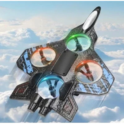 Avion de jucarie cu 4 elice lumini LED multicolore telecomanda 2.4 GHz si acumulator reincarcabil USB