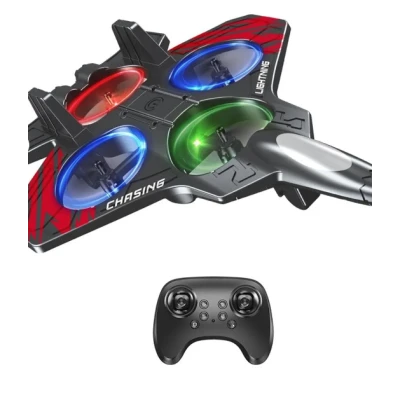 Avion de jucarie cu 4 elice lumini LED multicolore telecomanda 2.4 GHz si acumulator reincarcabil USB