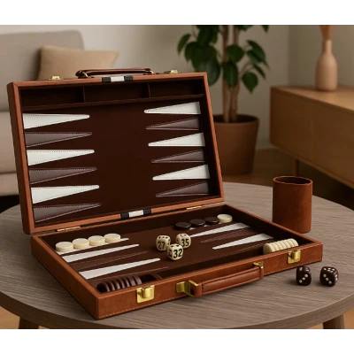 Set table de backgammon premium 28 × 19 cu piese de joc zaruri si cutie eleganta tip serviet