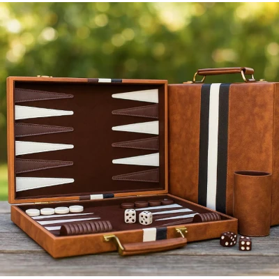 Set table de backgammon premium 28 × 19 cu piese de joc zaruri si cutie eleganta tip serviet