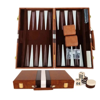 Set table de backgammon premium 28 × 19 cu piese de joc zaruri si cutie eleganta tip serviet