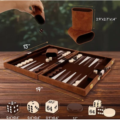 Set table de backgammon premium 28 × 19 cu piese de joc zaruri si cutie eleganta tip serviet