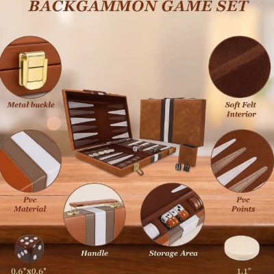 Set table de backgammon premium 28 × 19 cu piese de joc zaruri si cutie eleganta tip serviet