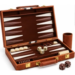 Set table de backgammon premium 28 × 19 cu piese de joc zaruri si cutie eleganta tip serviet
