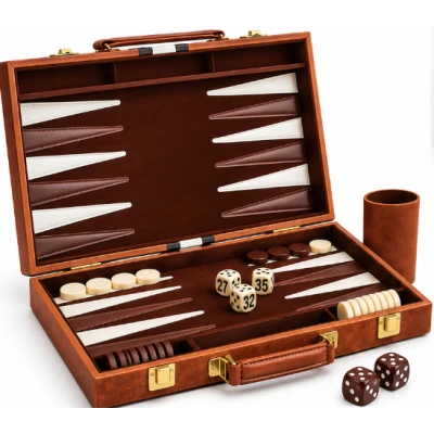 Set table de backgammon premium 28 × 19 cu piese de joc zaruri si cutie eleganta tip serviet