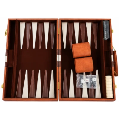 Set table de backgammon premium 28 × 19 cu piese de joc zaruri si cutie eleganta tip serviet