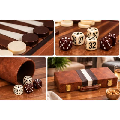 Set table de backgammon premium 28 × 19 cu piese de joc zaruri si cutie eleganta tip serviet