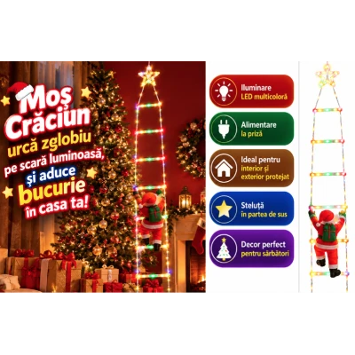 Decoratiune Scara Luminoasa de Craciun cu Mos Craciun si Steluta LED Multicolora 1.5 m 6 Trepte