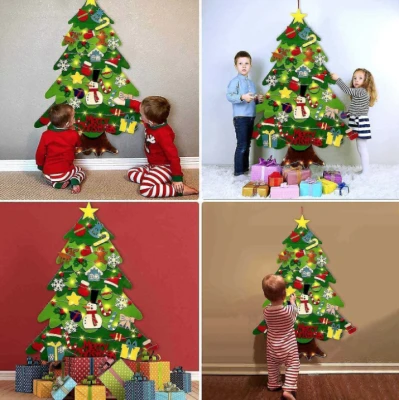 Brad de Craciun din Fetru pentru Copii cu 32 de Decoratiuni Detasabile 100 × 70 cm