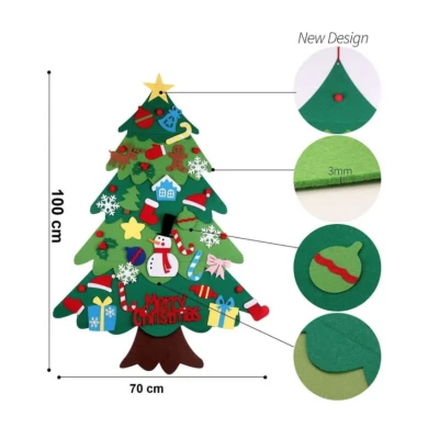 Brad de Craciun din Fetru pentru Copii cu 32 de Decoratiuni Detasabile 100 × 70 cm