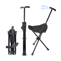 Baston Multifunctional Pliabil cu Scaun Integrat lanterna LED si maner ergonomic pentru Sprijin si Odihna