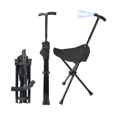 Baston Multifunctional Pliabil cu Scaun Integrat lanterna LED si maner ergonomic pentru Sprijin si Odihna