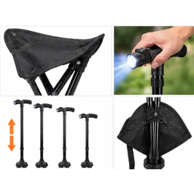 Baston Multifunctional Pliabil cu Scaun Integrat lanterna LED si maner ergonomic pentru Sprijin si Odihna