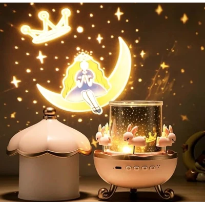 Lampa de Veghe LED cu Proiector de Stele si Carusel cu Iepurasi USB