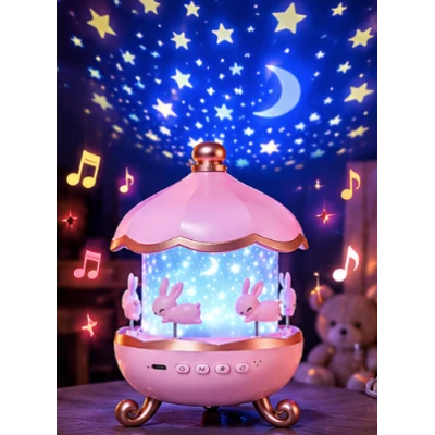 Lampa de Veghe LED cu Proiector de Stele si Carusel cu Iepurasi USB