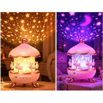 Lampa de Veghe LED cu Proiector de Stele si Carusel cu Iepurasi USB