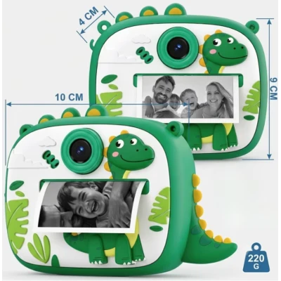 Aparat Foto Instant pentru Copii Model DINOZAUR VERDE cu Imprimare Foto