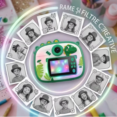 Aparat Foto Instant pentru Copii Model DINOZAUR VERDE cu Imprimare Foto