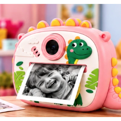 Aparat Foto Instant pentru Copii Model DINOZAUR ROZ cu Imprimare Foto