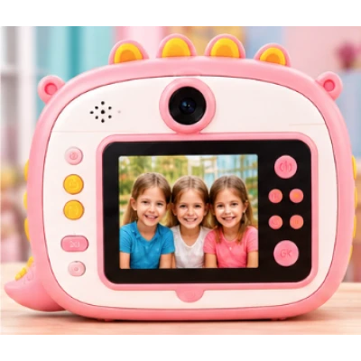 Aparat Foto Instant pentru Copii Model DINOZAUR ROZ cu Imprimare Foto