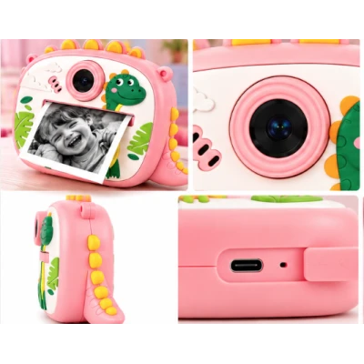 Aparat Foto Instant pentru Copii Model DINOZAUR ROZ cu Imprimare Foto
