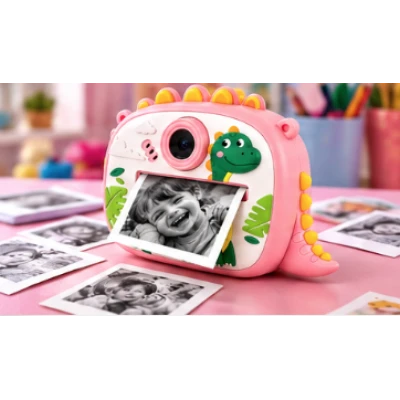 Aparat Foto Instant pentru Copii Model DINOZAUR ROZ cu Imprimare Foto