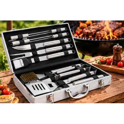 Set 11 Ustensile pentru Gratar din Inox cu Valiza Eleganta pentru Depozitare